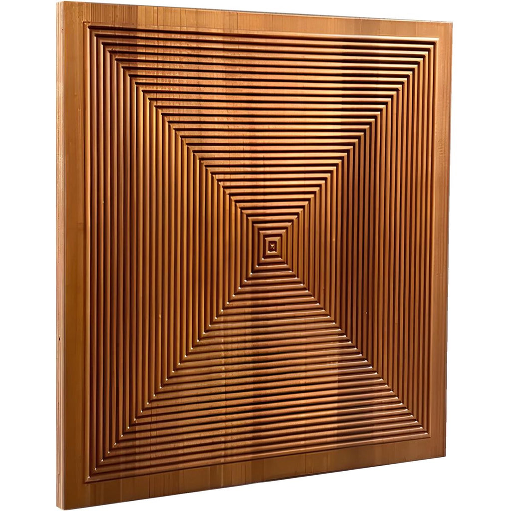 Angled view of STRATA Bloc™ square wall panel with carved pyramid pattern, highlighting edge detail and craftsmanship.