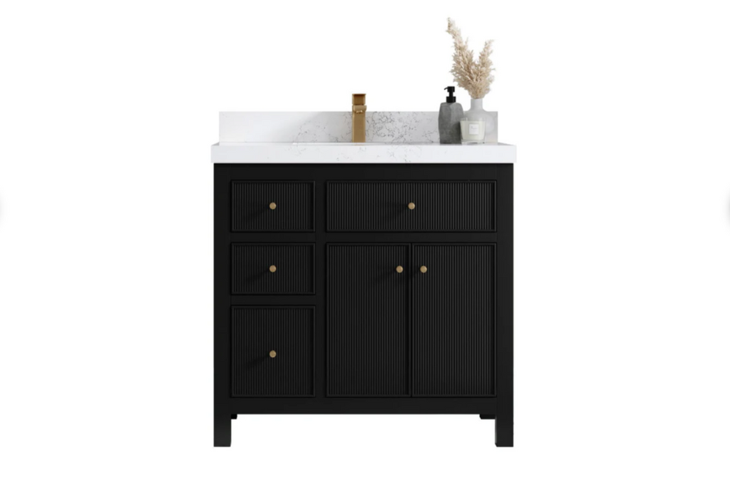 Center sink freestanding reeded vanity in black finished wood, front angle