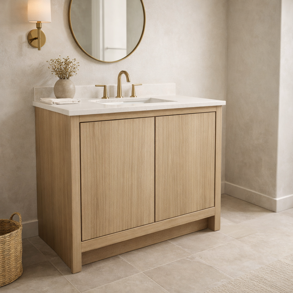 White Oak Bathroom Vanity Cabinet with Quartz Top