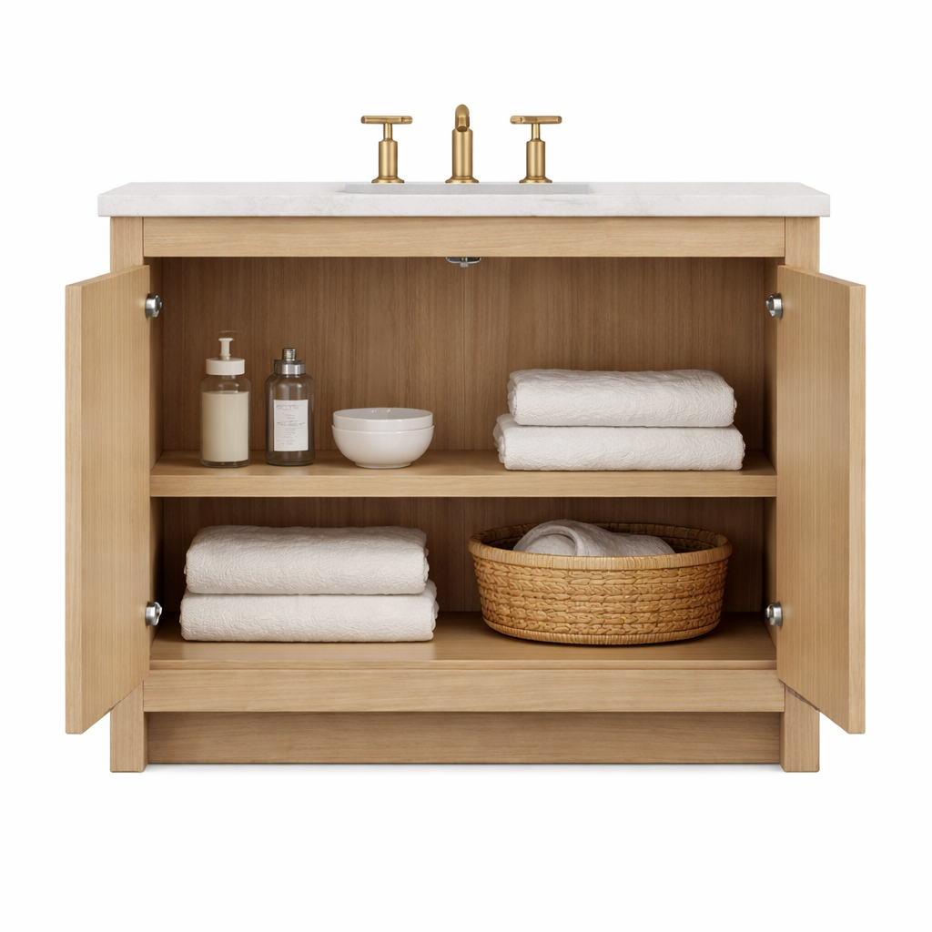 White Oak Bathroom Vanity Cabinet with Quartz Top