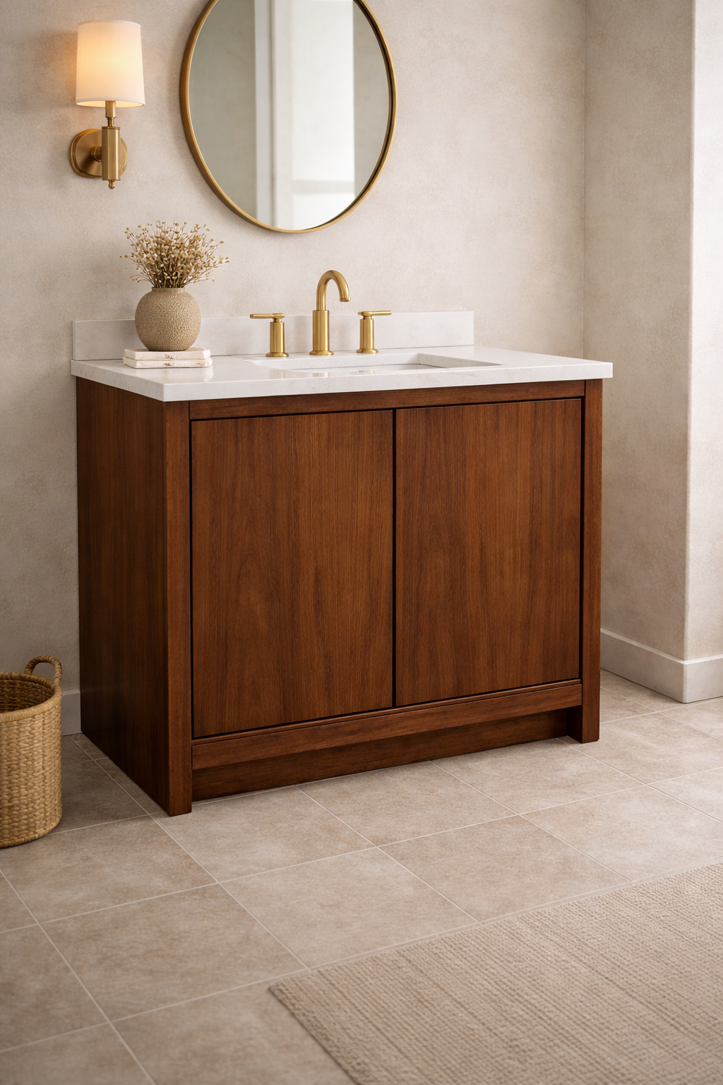 Walnut Bathroom Vanity Cabinet with Quartz Top