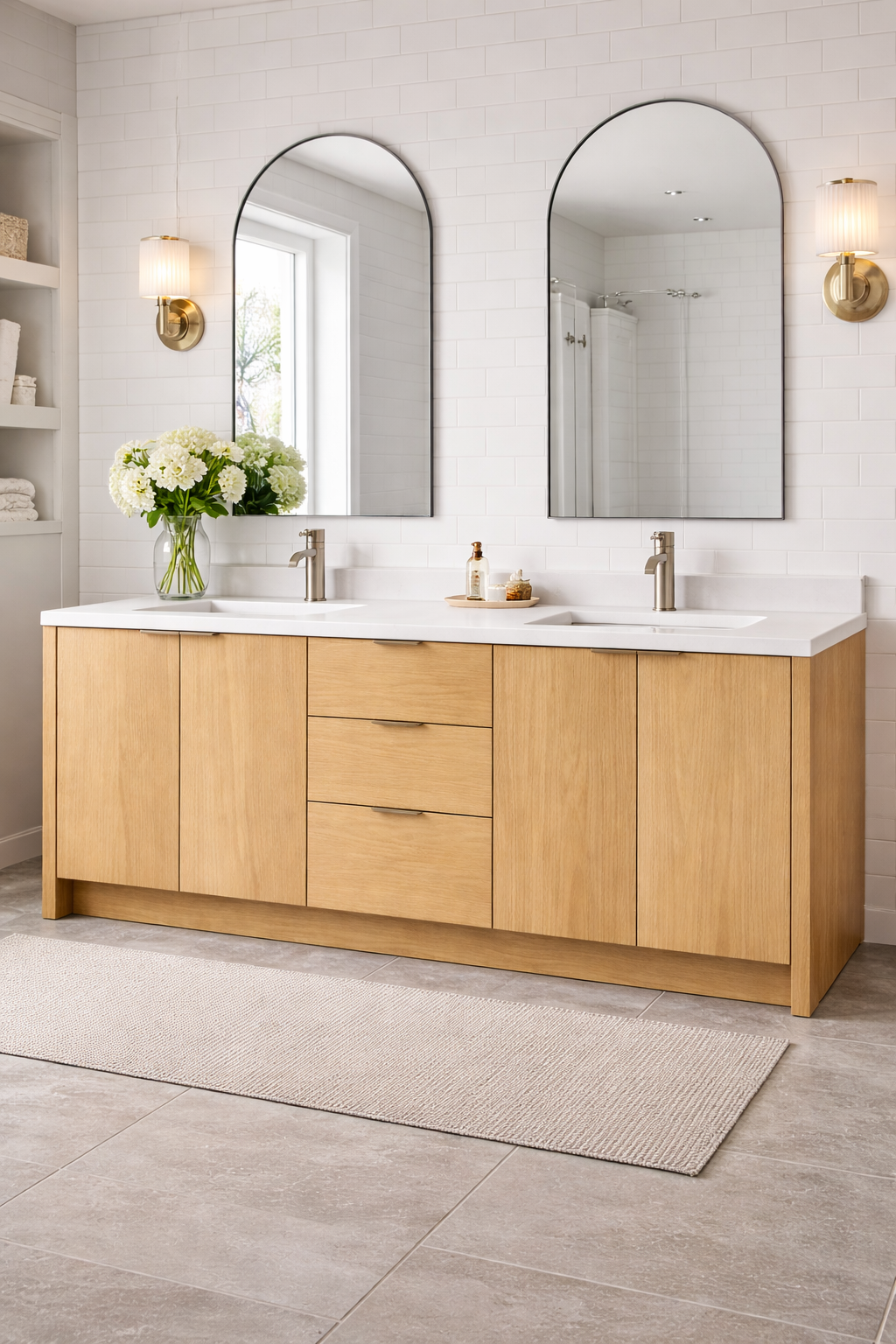 White Oak Double Sink Bathroom Vanity Cabinet with Quartz Top