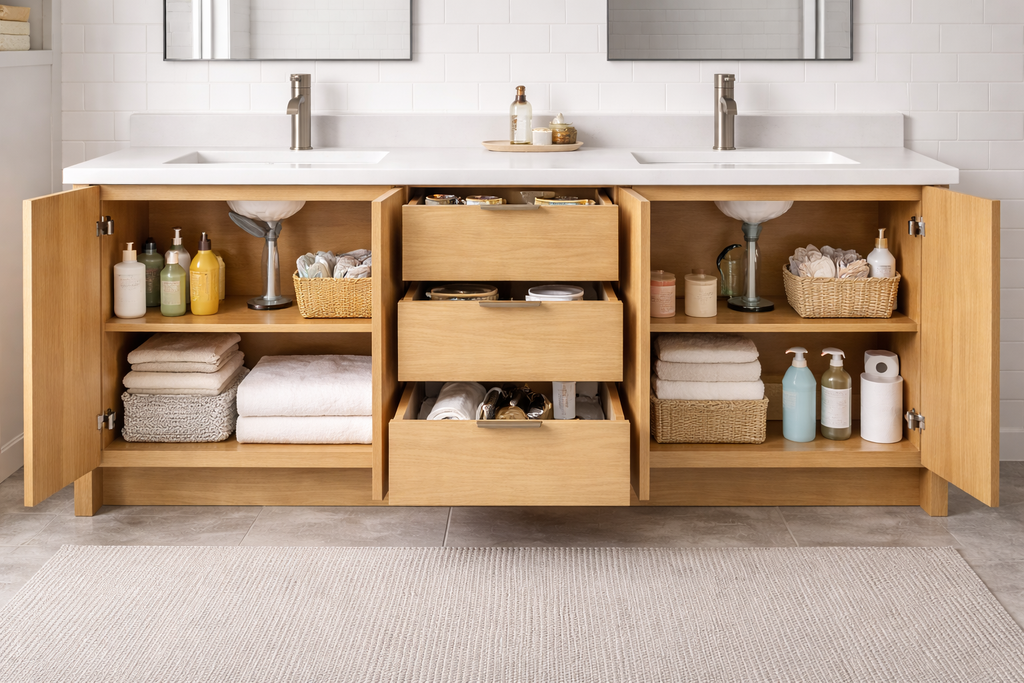 White Oak Double Sink Bathroom Vanity Cabinet with Quartz Top