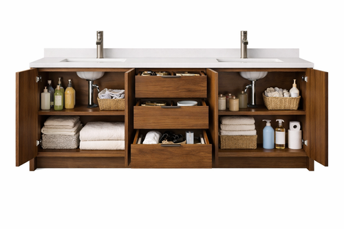 Walnut Double Sink Bathroom Vanity Cabinet with Quartz Top