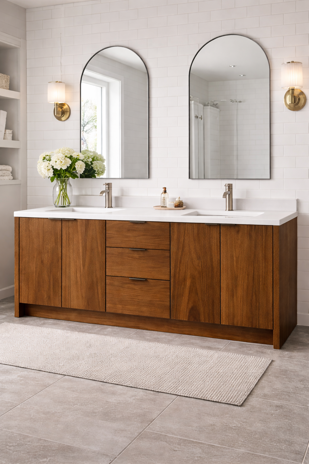 Walnut Double Sink Bathroom Vanity Cabinet with Quartz Top
