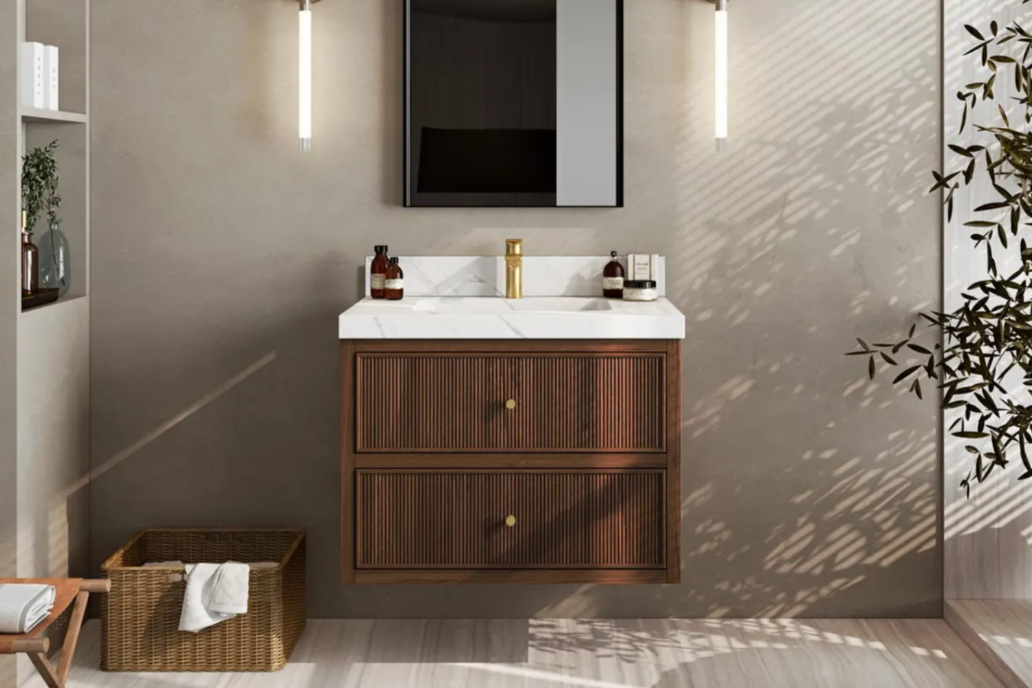 Custom natural wood fluted floating vanity handcrafted by Pure Line Cabinetry in Las Vegas, wall-mounted with soft-close drawers.