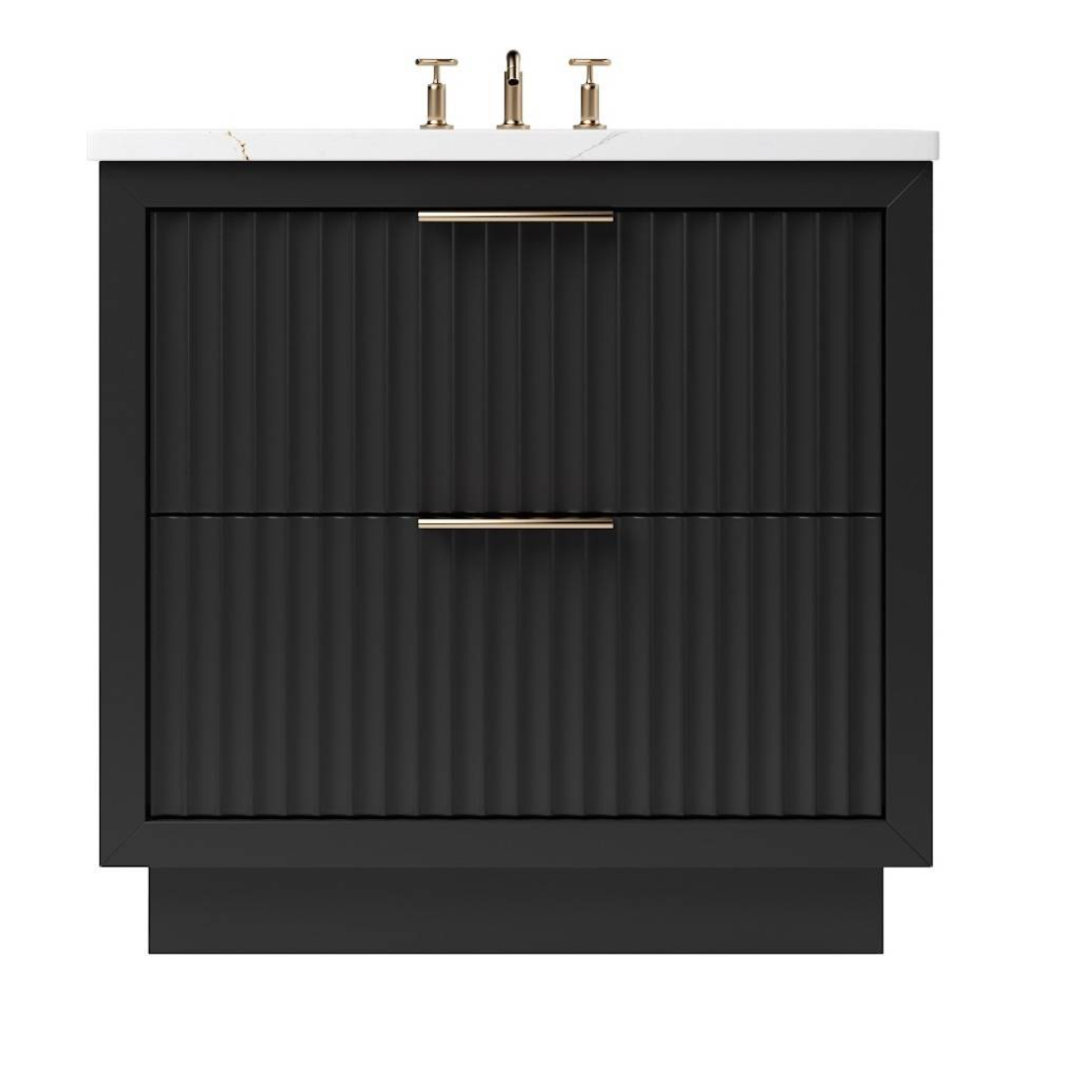 Matte black fluted drawer vanity with twin drawers and white top, part of the handcrafted FluteLine™ collection.