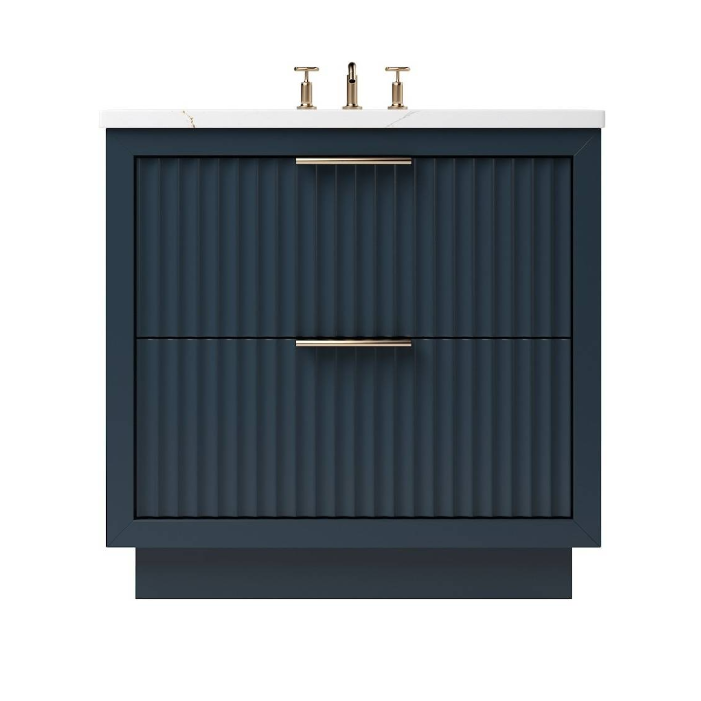 Navy blue fluted double drawer vanity with gold bar pulls and clean modern lines from Pure Line LV.