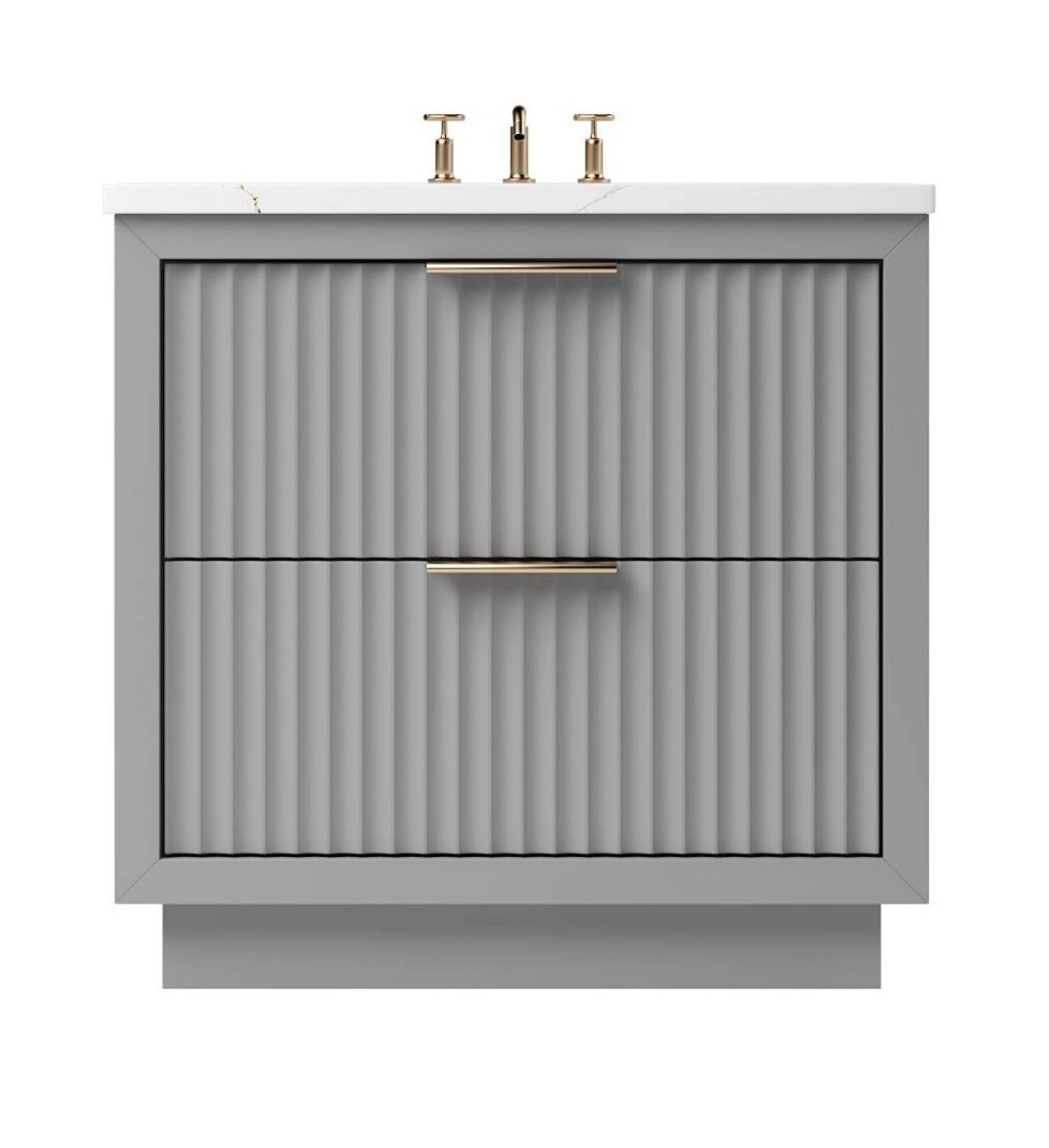 Contemporary gray vanity cabinet with dual soft-close drawers, brass pulls, and vertical fluting.