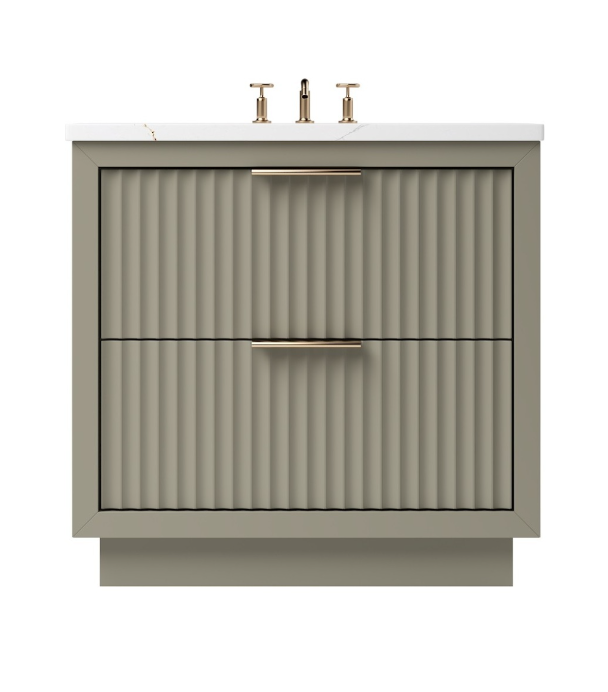 Sage green bathroom vanity with two soft-close fluted drawers, brass hardware, and minimalist detailing.