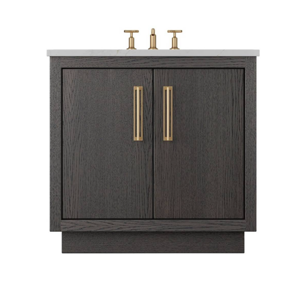 Sleek charcoal gray wood vanity with flat panel doors and clean-lined brass pulls, against a white background.