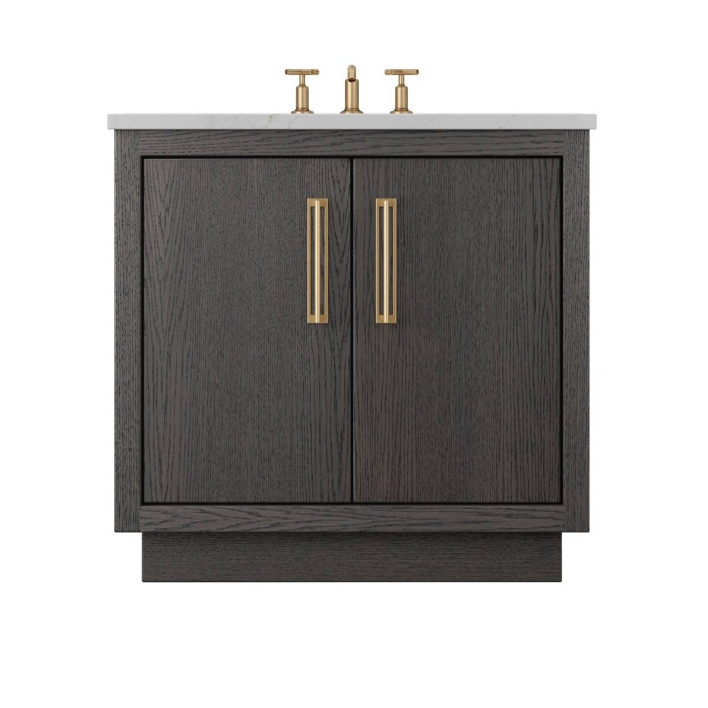 Sleek charcoal gray wood vanity with flat panel doors and clean-lined brass pulls, against a white background.