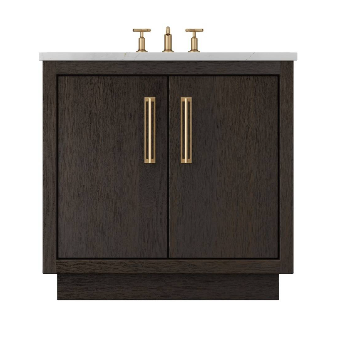 Dark espresso finish bathroom vanity featuring flat panel wood doors and gold-toned handles.