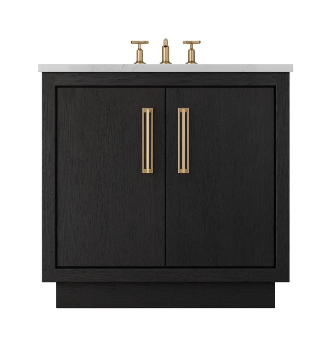 Modern black wood bathroom vanity with flat panel cabinetry and minimalist gold hardware.