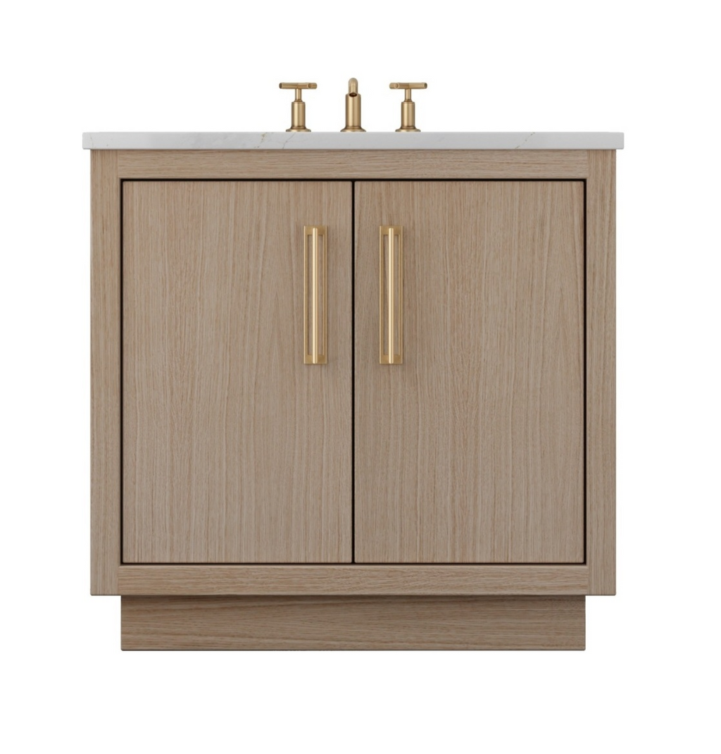 Front view of a handcrafted oak bathroom vanity with a natural light wood finish, flat panel doors, and brushed brass handles.