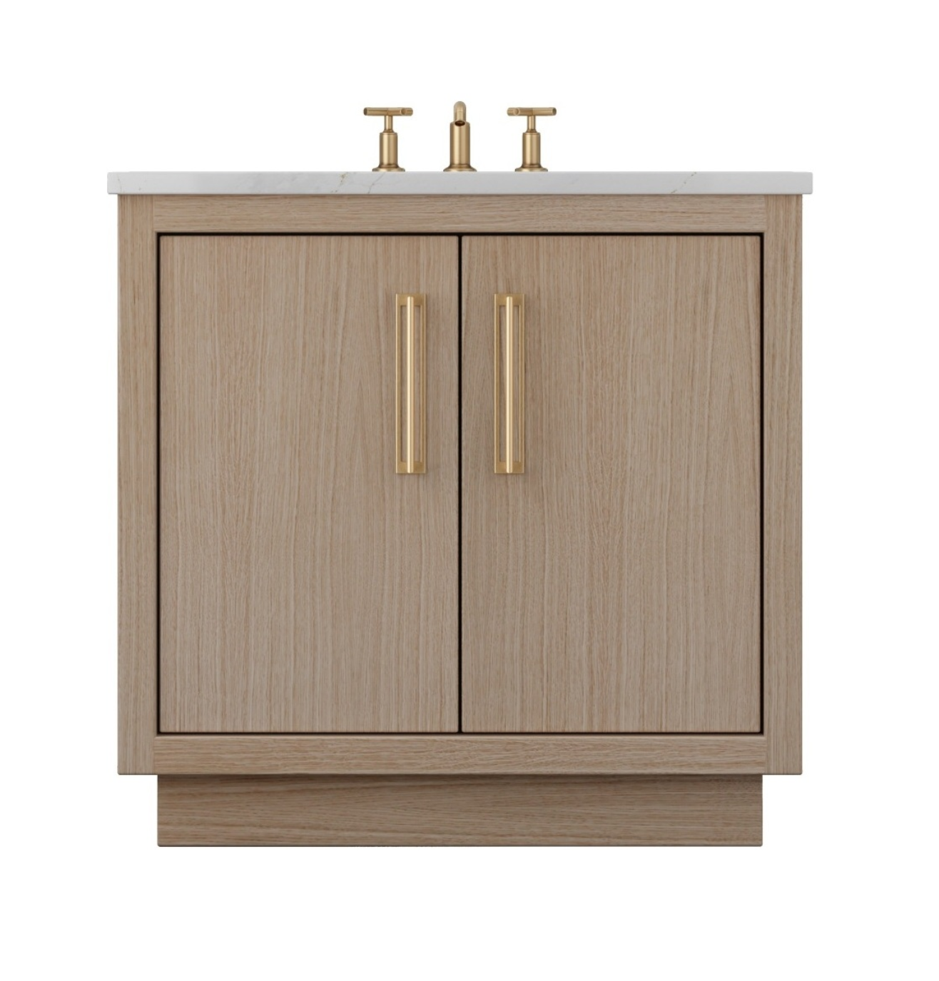 Front view of a handcrafted oak bathroom vanity with a natural light wood finish, flat panel doors, and brushed brass handles.
