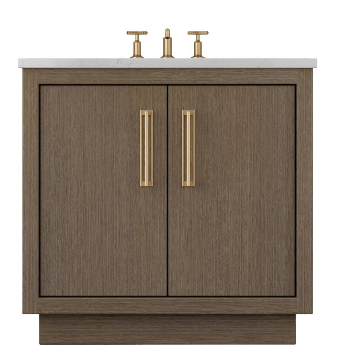 Neutral taupe wood bathroom vanity with flat panel cabinetry and brushed brass vertical pulls.