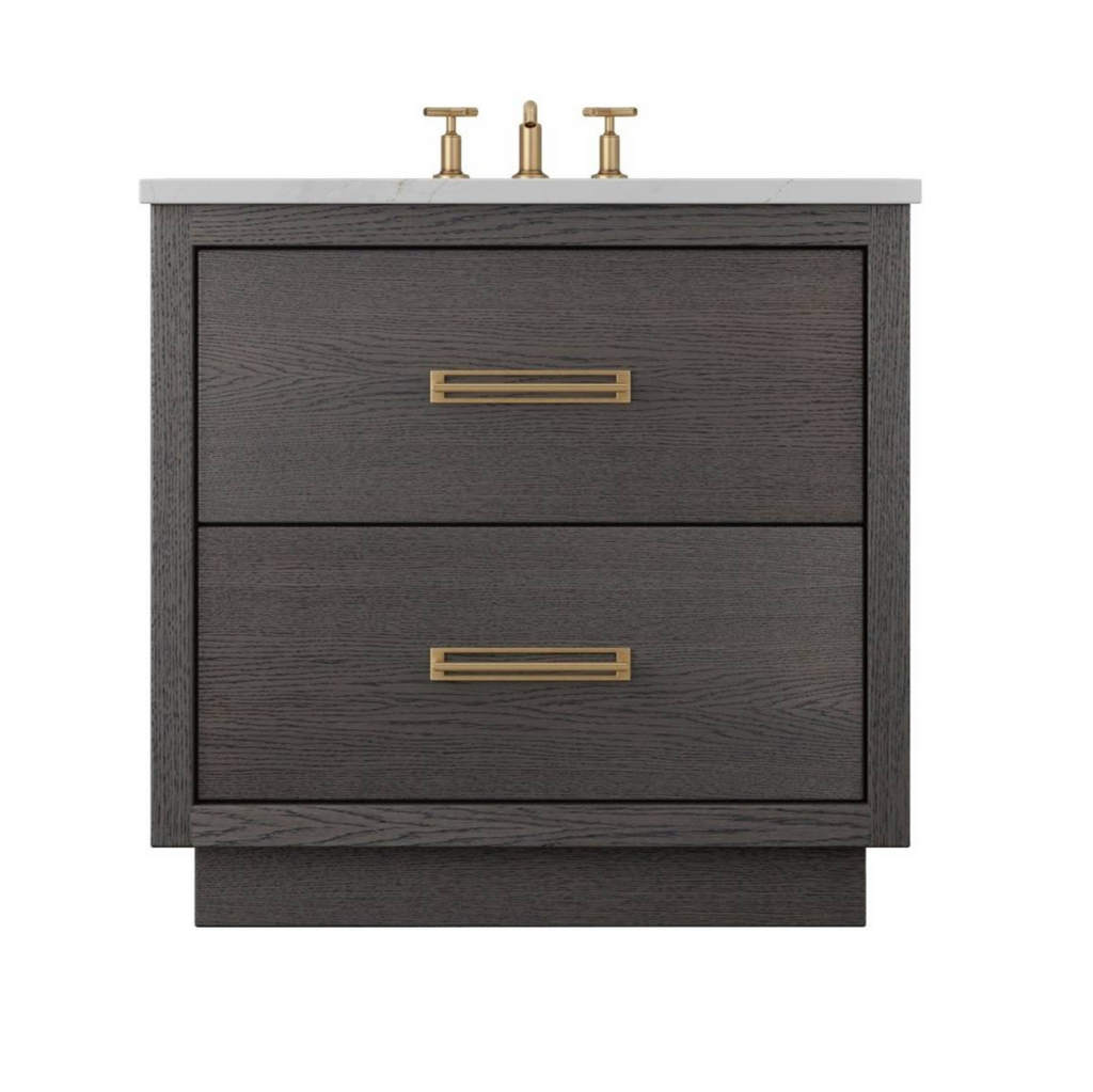 Minimalist Ash wood vanity with dual drawers and brass handles, designed for refined bath spaces