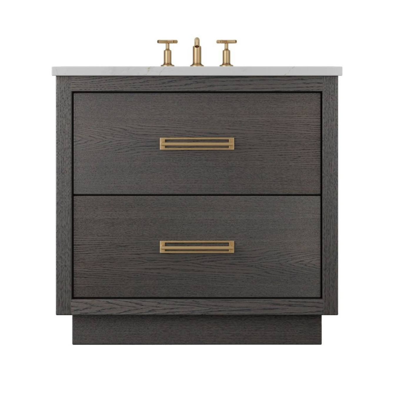 Minimalist Ash wood vanity with dual drawers and brass handles, designed for refined bath spaces