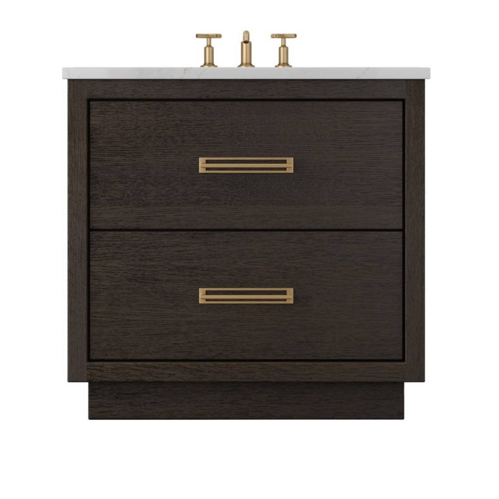 Espresso finish wood bathroom vanity with two soft-close drawers and brushed brass hardware