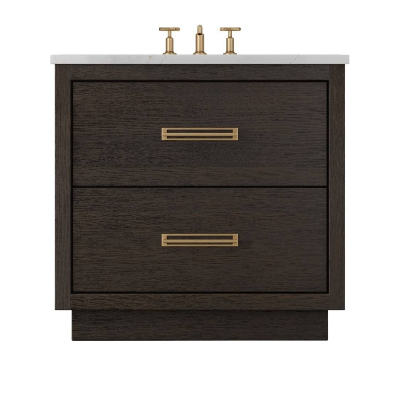 Espresso finish wood bathroom vanity with two soft-close drawers and brushed brass hardware