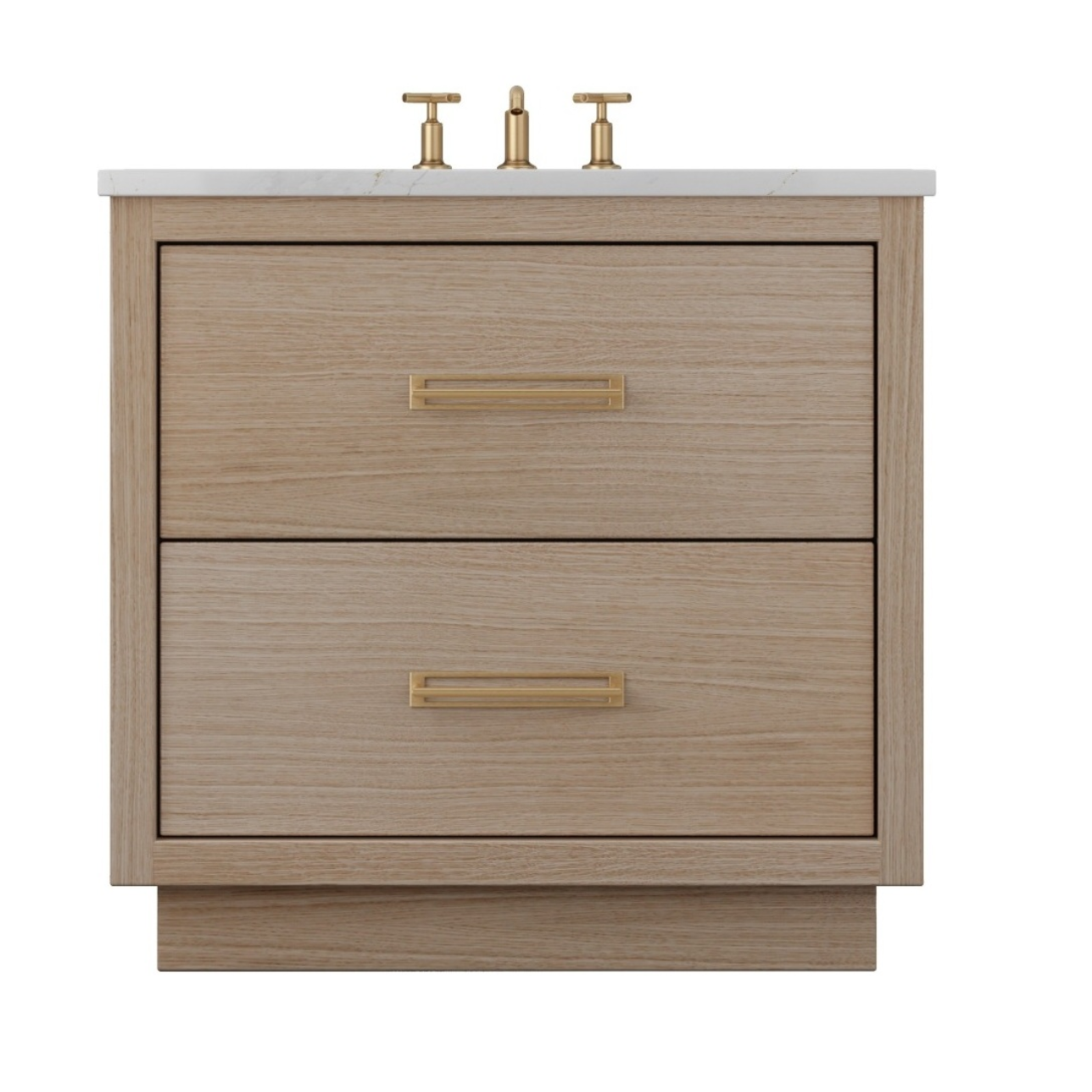 Bespoke two-drawer vanity in Rift White Oak with brass hardware, handcrafted by Pure Line LV