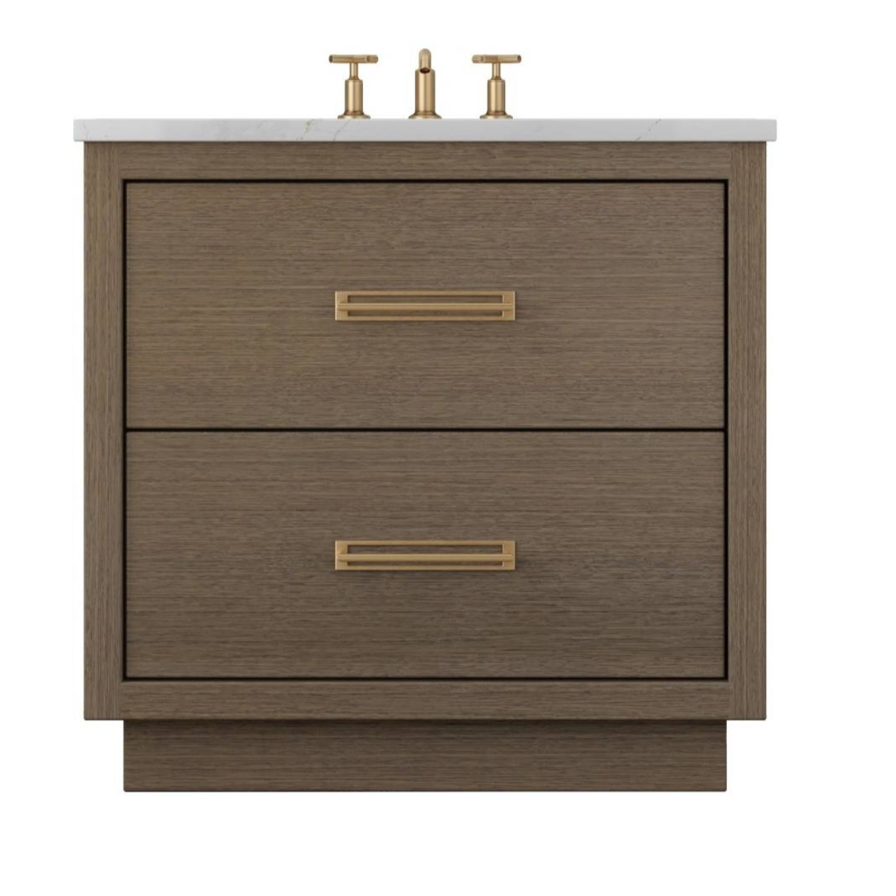 Warm Gray Brown custom bathroom vanity in a contemporary two-drawer layout with elegant brass pulls