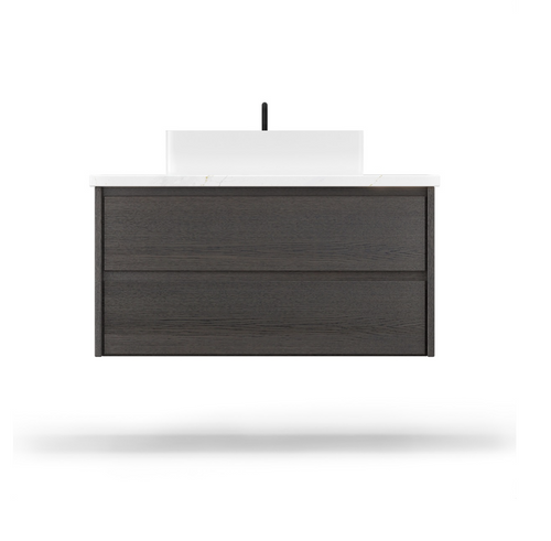 Modern ash wood bathroom vanity with clean-lined drawers and floating design