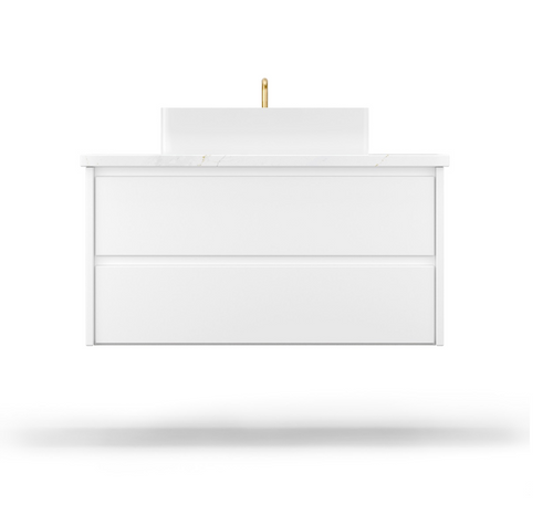  Floating white bathroom vanity with vessel sink and minimalist drawer design