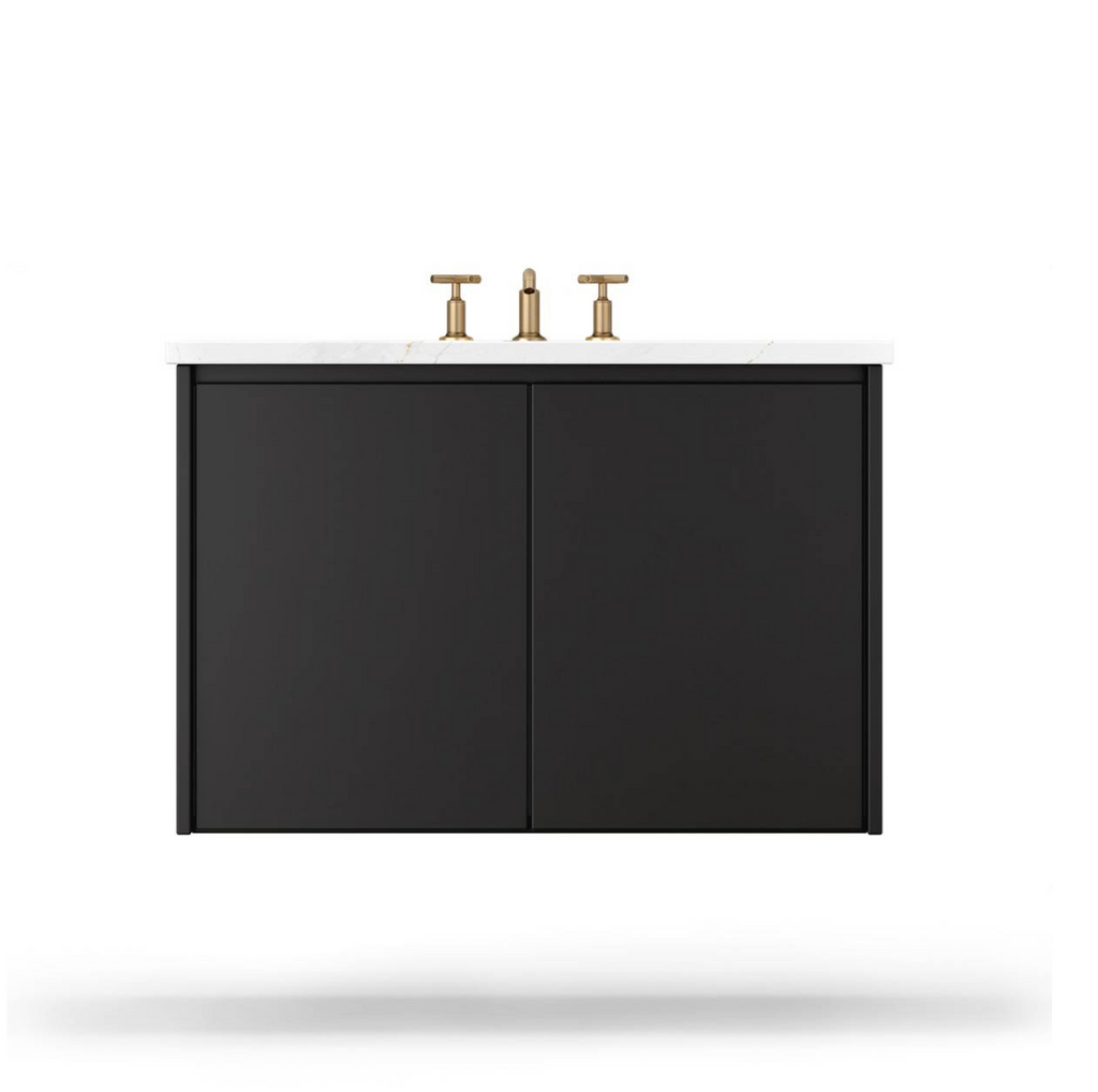  Matte black wall-hung vanity with soft-close doors and no visible hardware, paired with gold faucet fixtures
