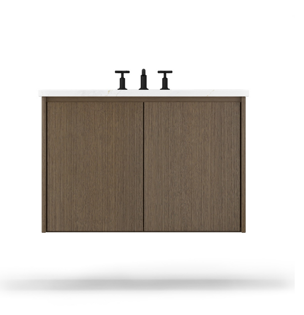 Contemporary floating bathroom cabinet in warm gray brown wood, featuring clean lines and no hardware