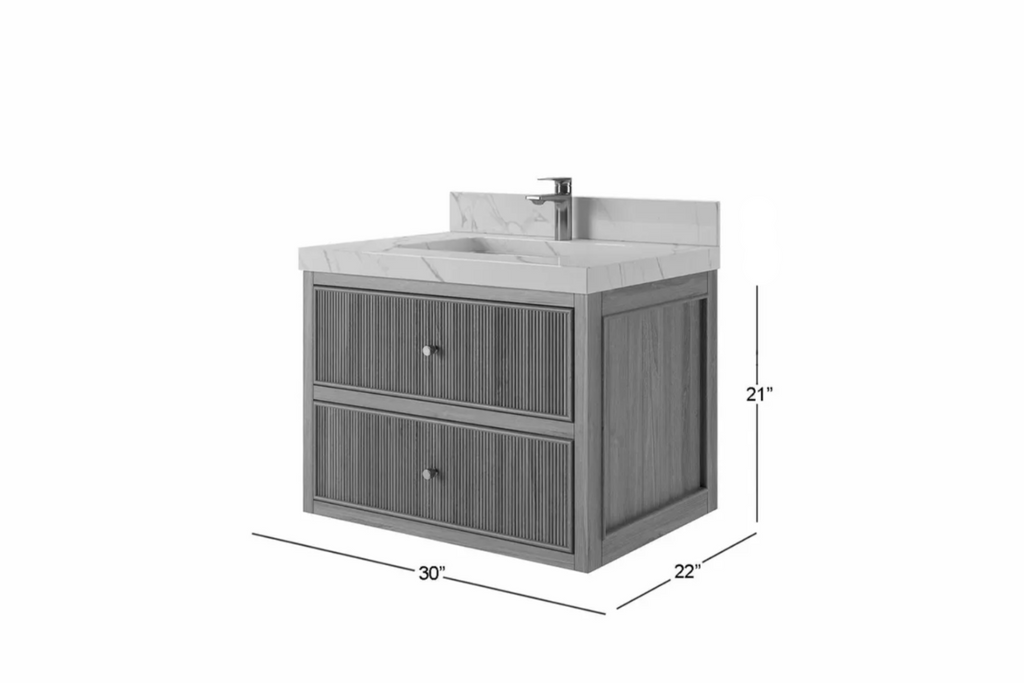 Mid-century modern floating bathroom vanity with custom fluted wood design, handcrafted for a sleek and timeless look.