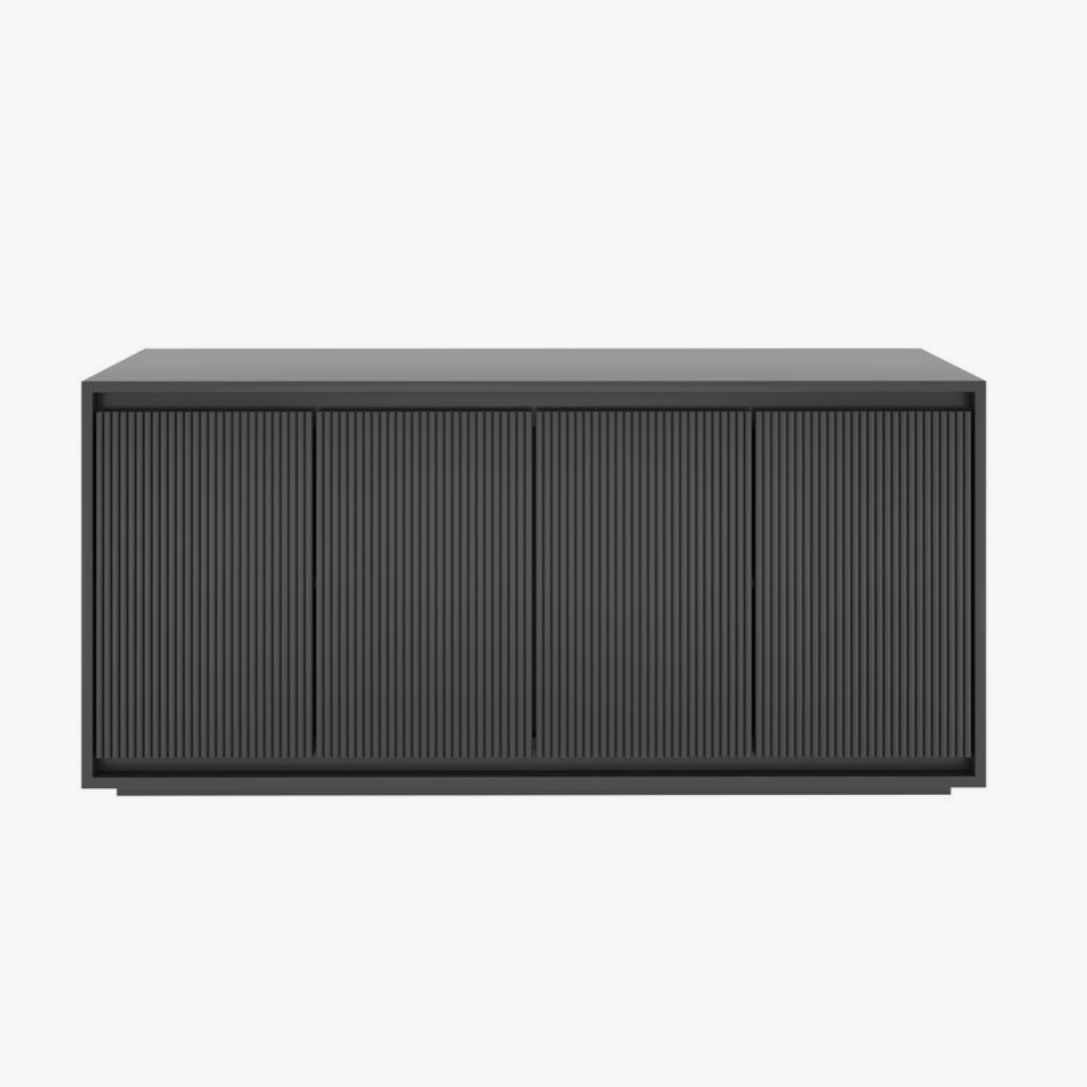 Modern matte black console cabinet with vertical fluted door detailing