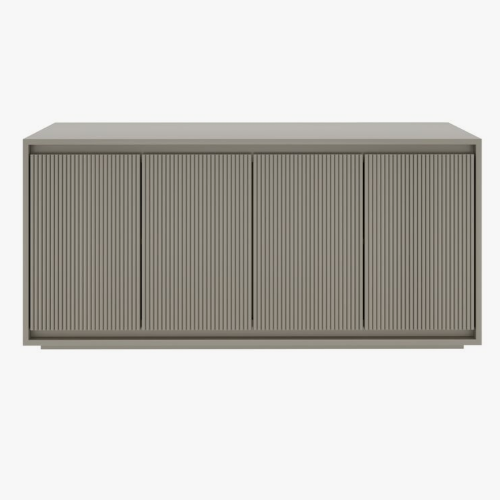 Front view of the Mono console cabinet in warm gray taupe finish with fluted doors