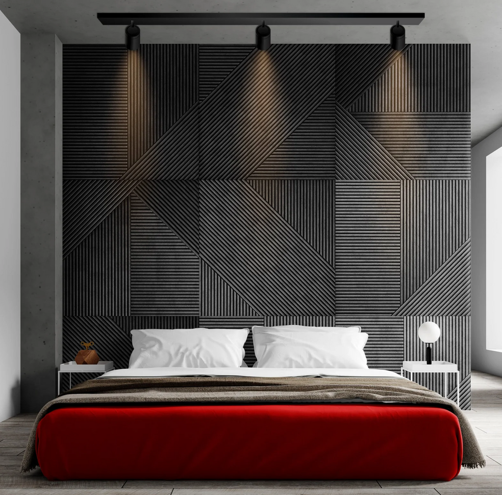 Graphite grey NoirBloc wall paneling installed floor-to-ceiling in a modern office corner with city views.