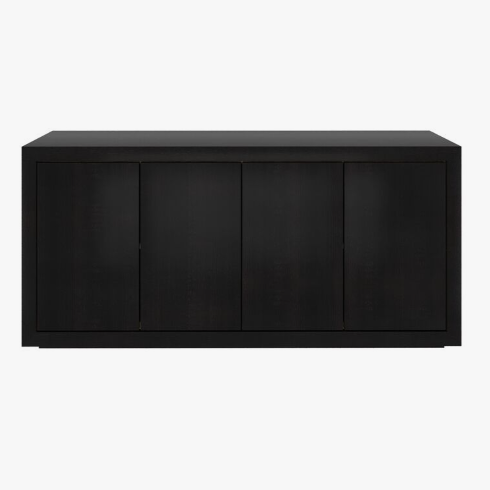 Front view of the Terra console cabinet in matte black wood with a flat-panel design and four doors.