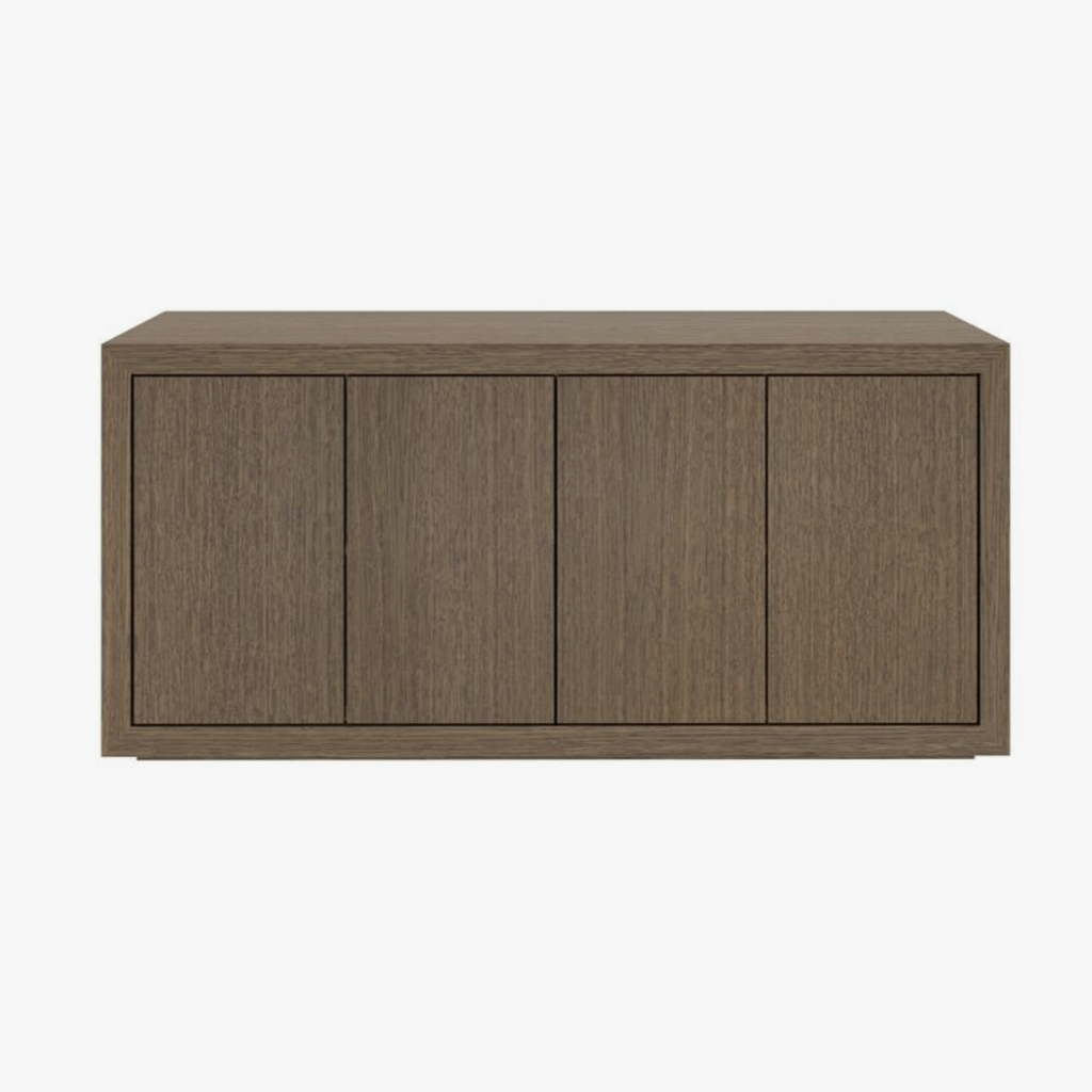 Terra console cabinet in soft ash wood finish, showcasing flat-paneled construction with four doors.