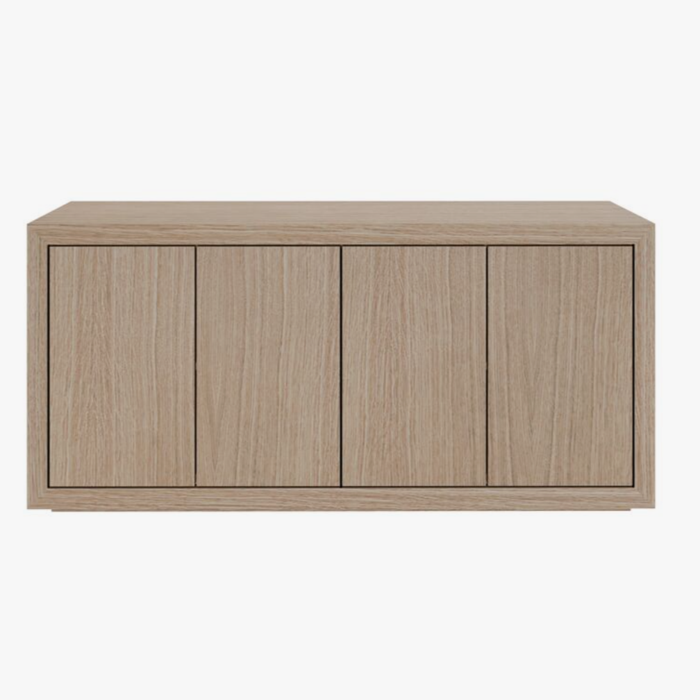 Minimalist Terra console cabinet in natural rift white oak with flat-panel wood doors.