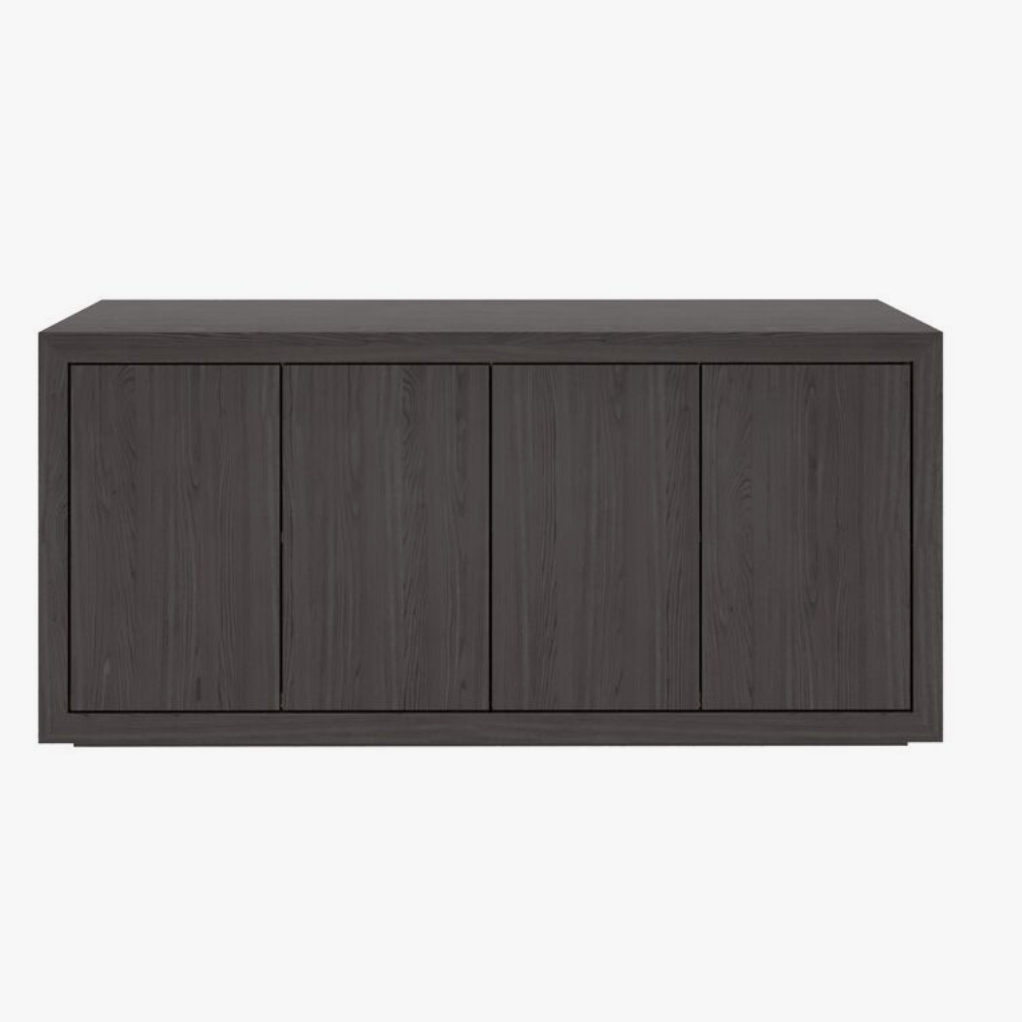 Terra console cabinet shown in warm gray brown finish with clean flat wood panels and minimal lines.