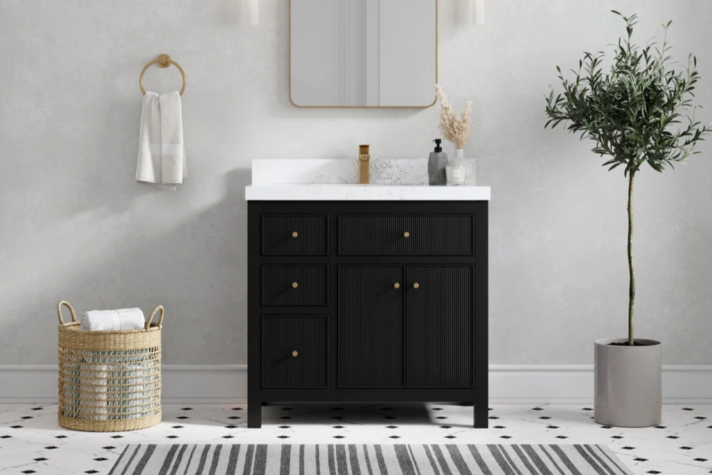 Black finished reeded bathroom vanity with center sink, freestanding design