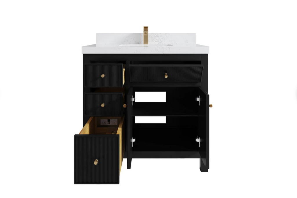 Front view of center sink freestanding reeded bathroom vanity in black finished wood